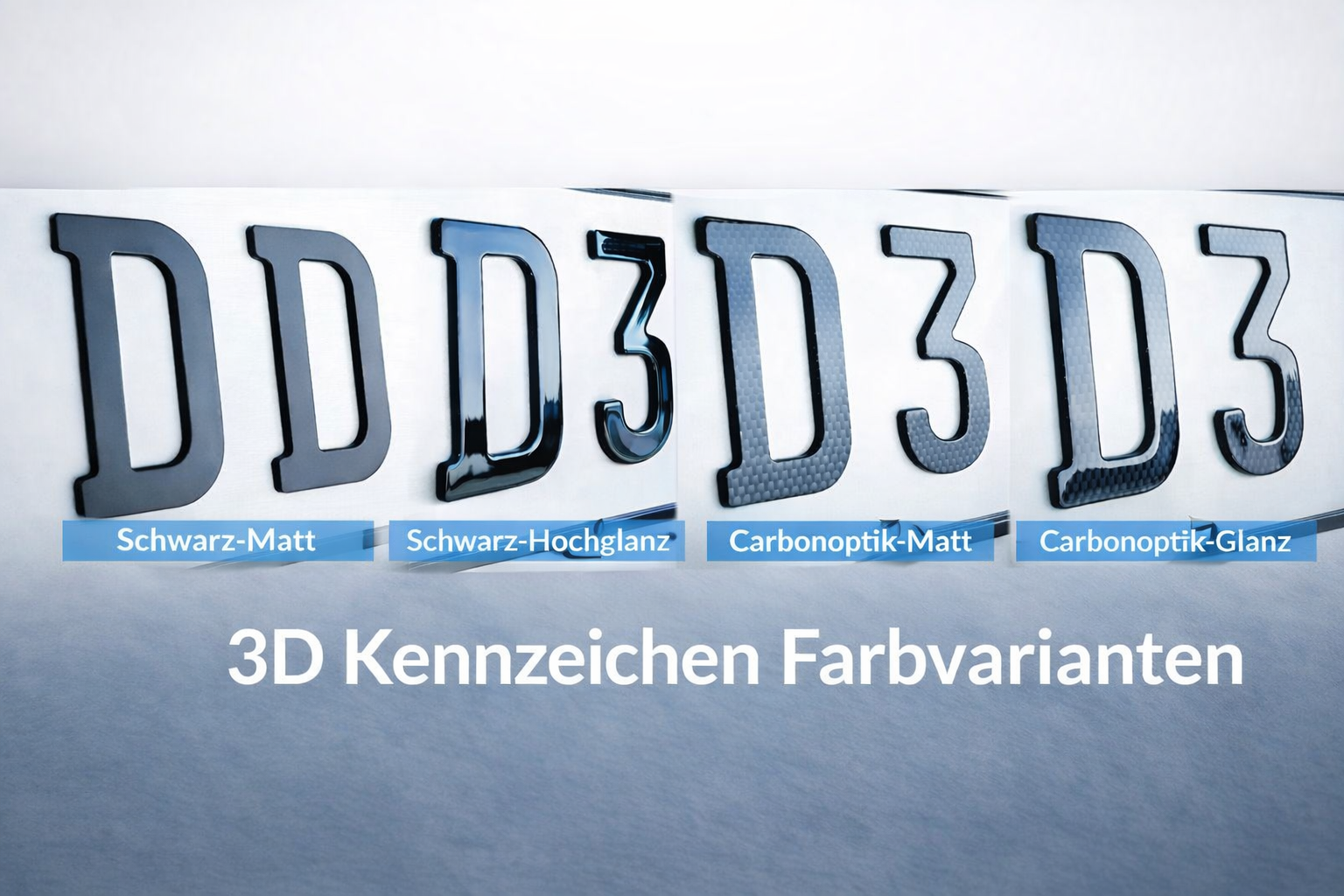 3D Kennzeichen Oberflächenveredelungen: Carbon, Matt & Hochglanz
